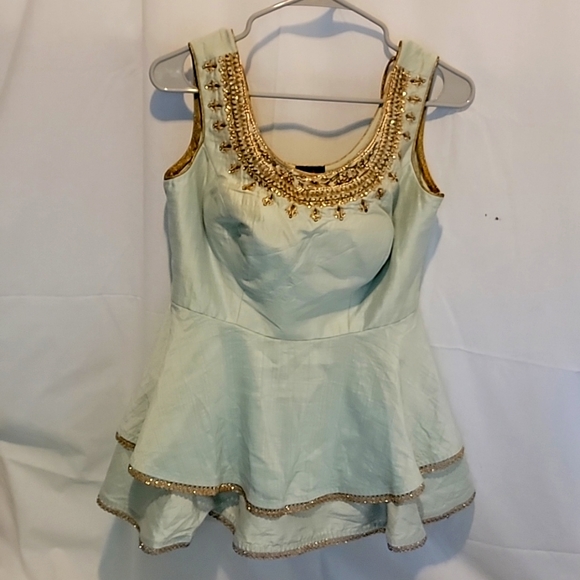 Karishma Tops - Light Green Tank with embellished gold trim